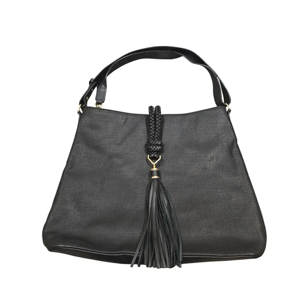Stella & Dot Black Large Textured Hobo Bag with Tassel